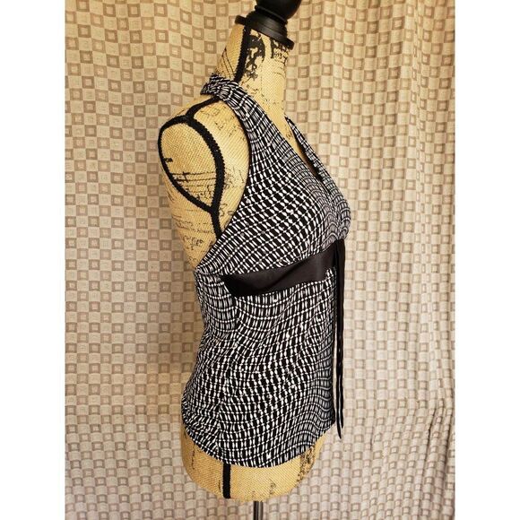 Women's Black and White Satin Halter Top Stretch Dressy Blouse Large - Picture 5 of 7